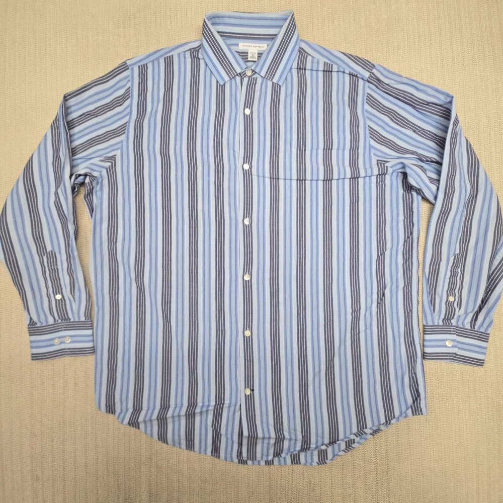 Banana Republic Shirt Mens XL 17-17.5 Blue White Striped Button Up Down Dress